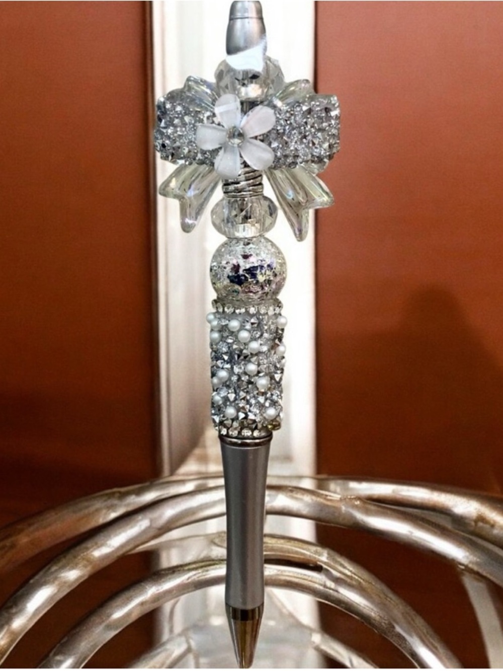 Elegant Bow, Crystal, Floral & Faux Pearl Themed Silver & Crystal Pen
